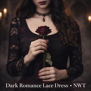 American Living Dark Romance Black Lace Dress Gothic Long Sleeve Scalloped Hem